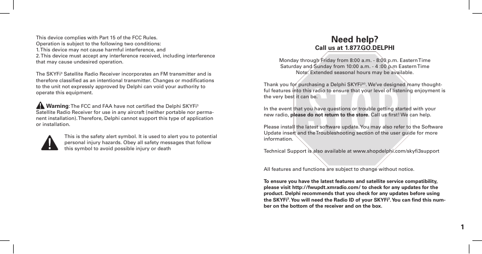 Need help, Call us at .877.go.delphi | XM Satellite Radio SKYFi3 User Manual | Page 2 / 38