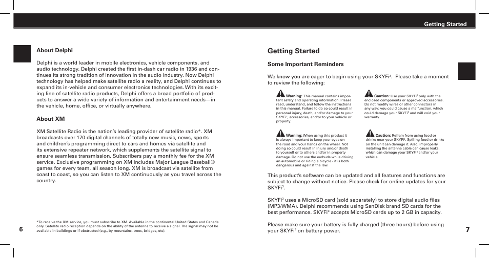 Getting started, Getting started about delphi, About xm | Some important reminders | XM Satellite Radio SKYFi3 User Manual | Page 5 / 38
