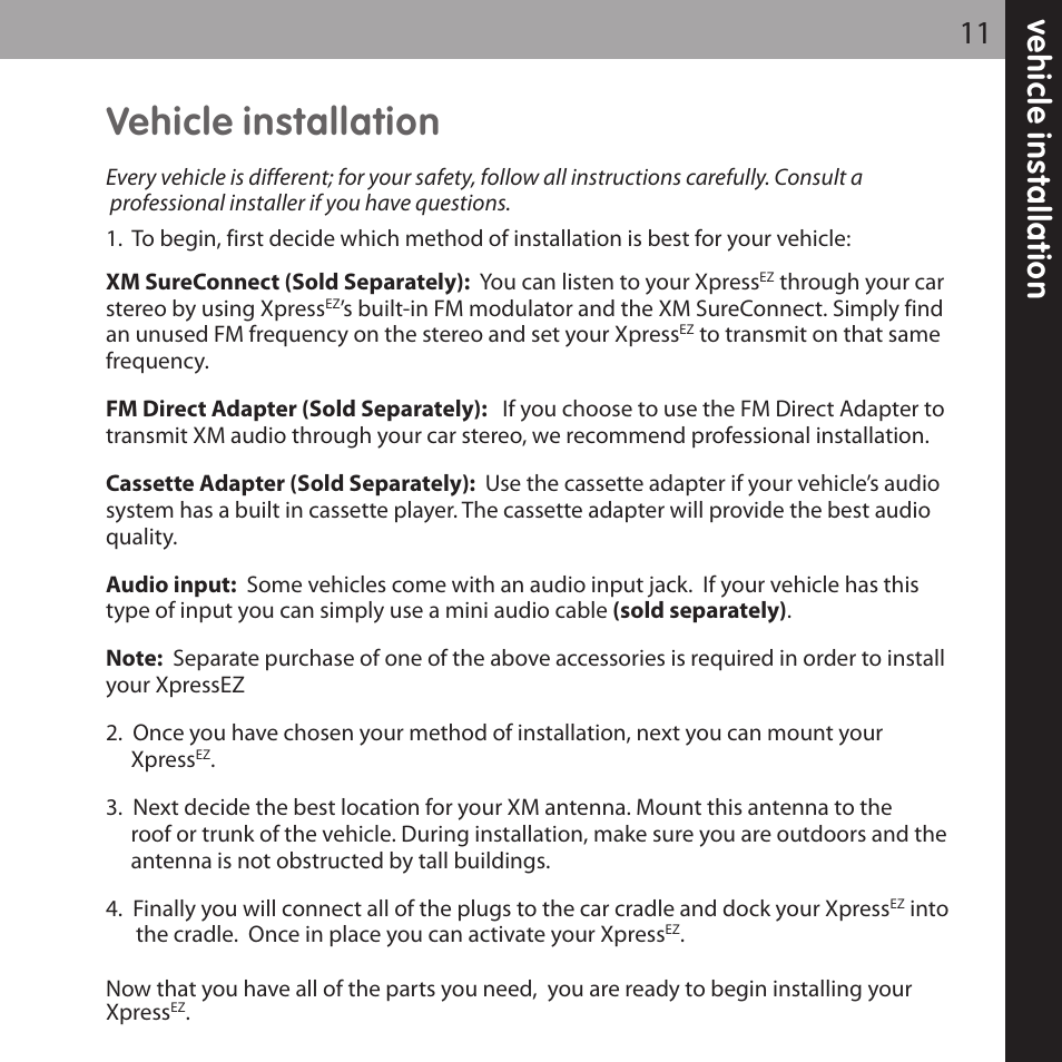 Vehicle installation, Ve h ic le in s ta lla ti o n 11 | XM Satellite Radio XMCK-5P User Manual | Page 11 / 40