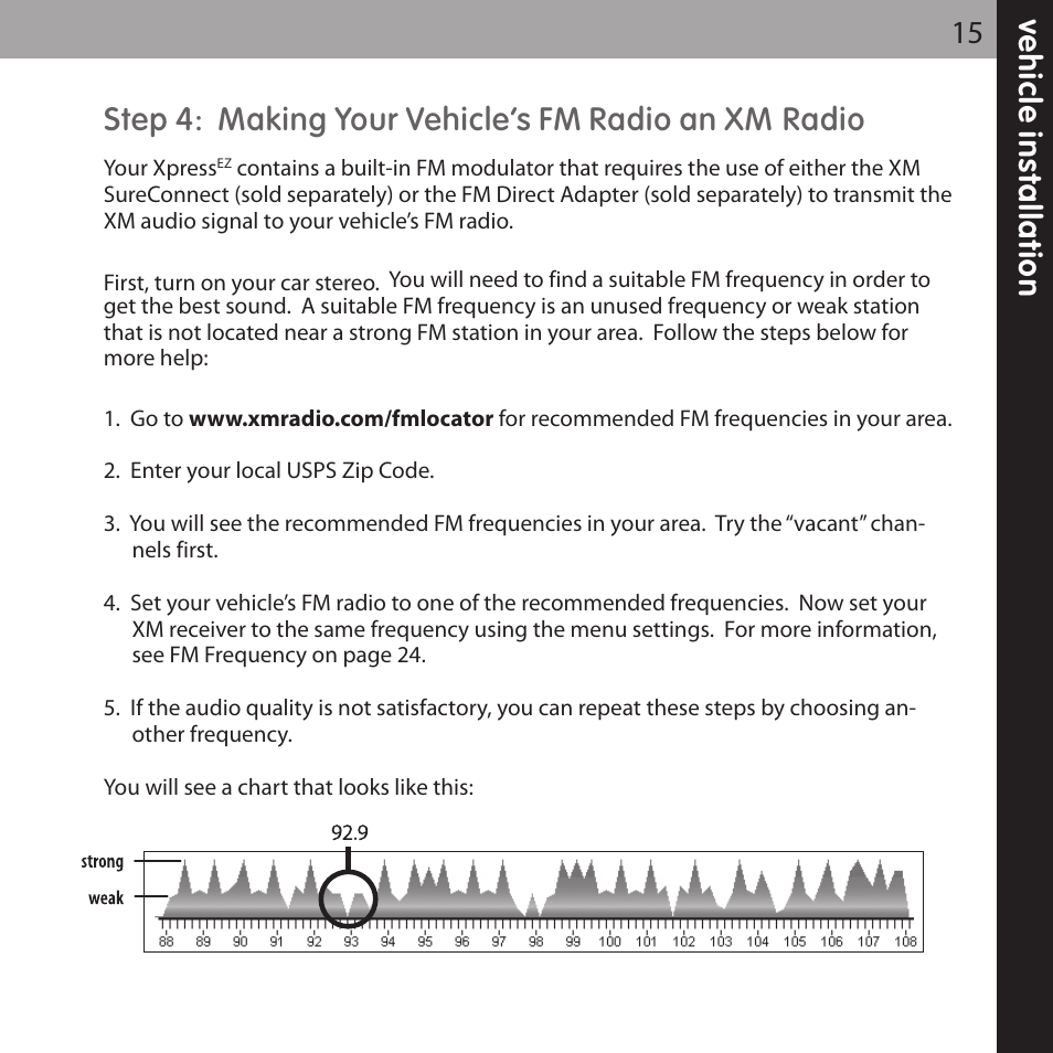 Step 4: making your vehicle’s fm radio an xm radio, Ve h ic le in s ta lla ti o n 15 | XM Satellite Radio XMCK-5P User Manual | Page 15 / 40