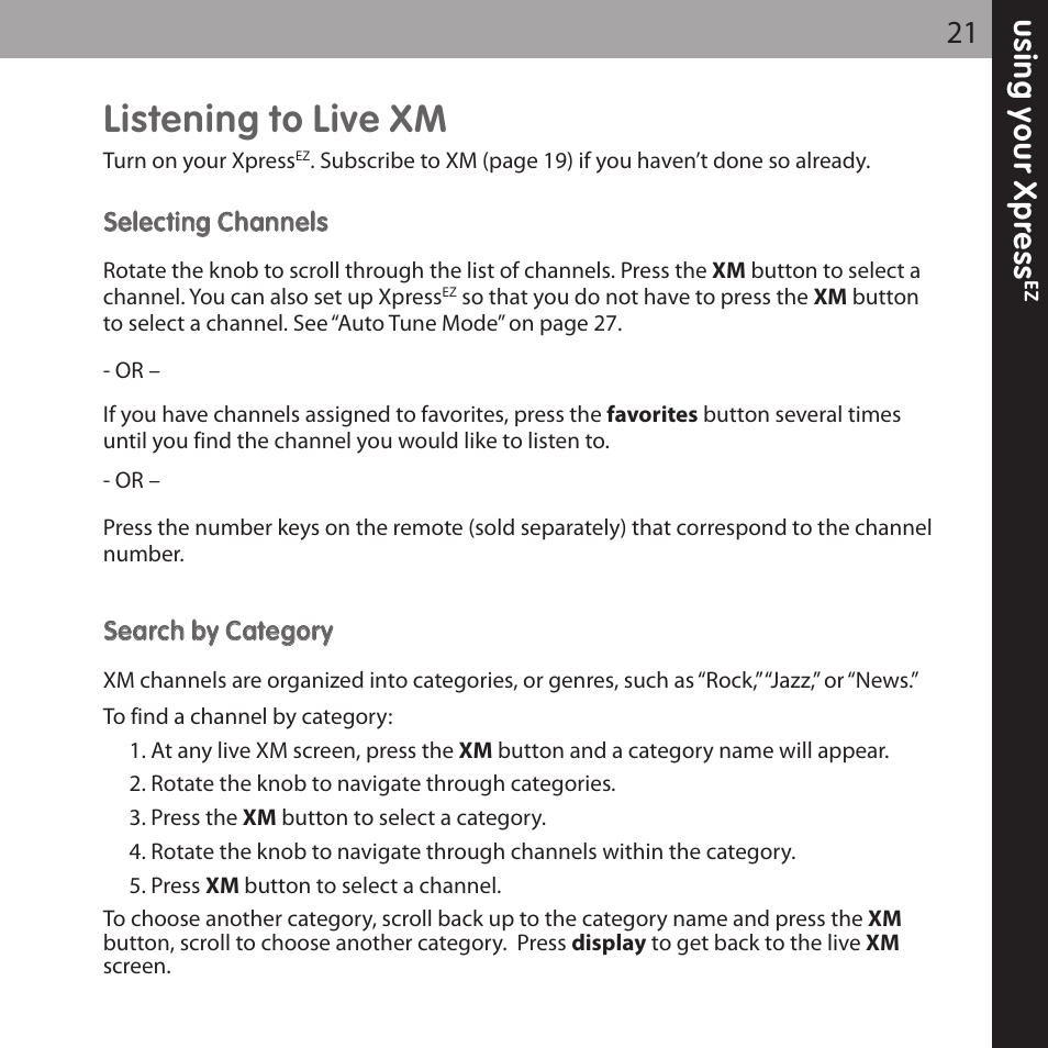 Listening to live xm | XM Satellite Radio XMCK-5P User Manual | Page 21 / 40