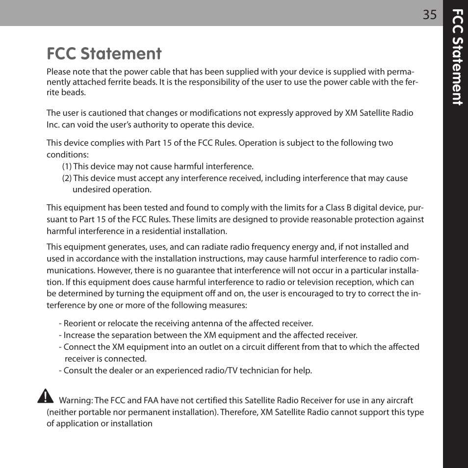 Fcc statement | XM Satellite Radio XMCK-5P User Manual | Page 35 / 40