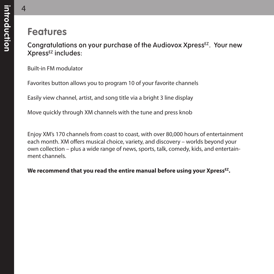 Features | XM Satellite Radio XMCK-5P User Manual | Page 4 / 40