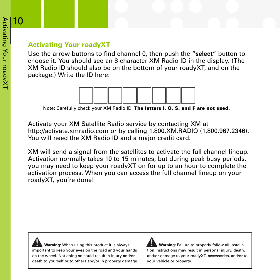 Activating your roadyxt | XM Satellite Radio SA10177 User Manual | Page 10 / 32