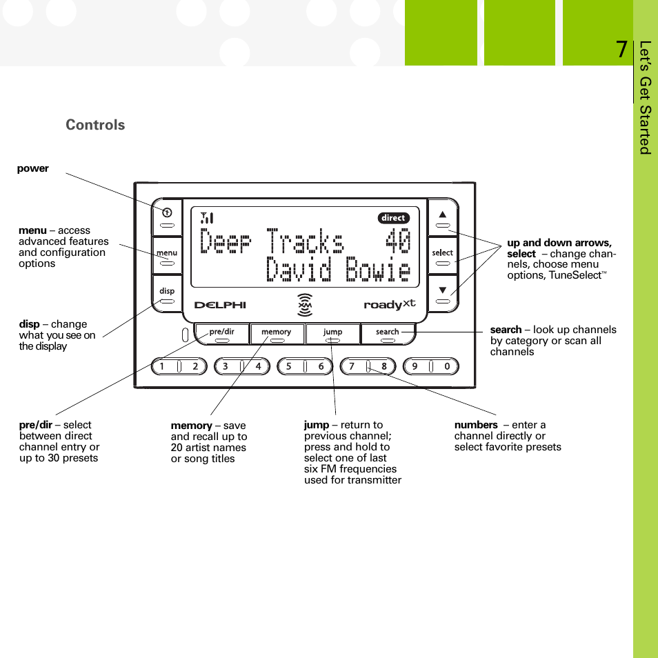 Let’ s get star ted, Controls | XM Satellite Radio SA10177 User Manual | Page 7 / 32