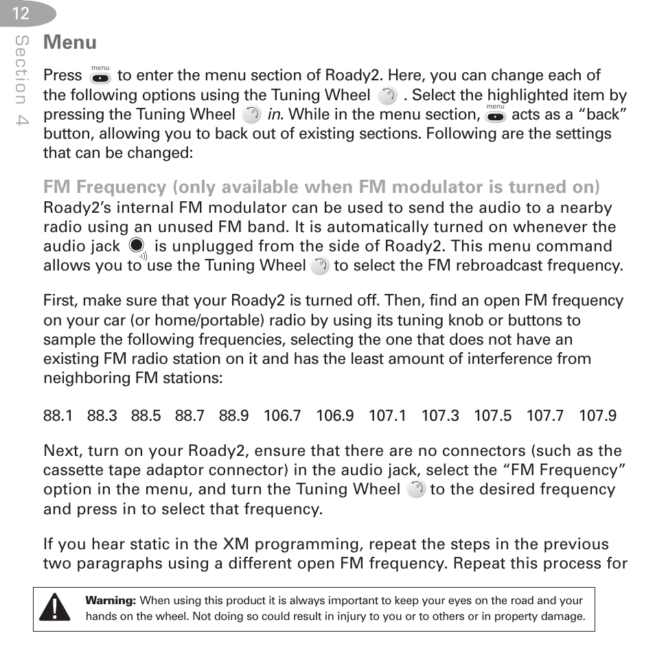 Menu | XM Satellite Radio SA10085 User Manual | Page 12 / 32