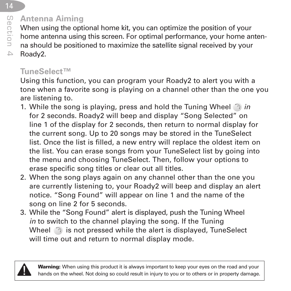 Antenna aiming, Tuneselect | XM Satellite Radio SA10085 User Manual | Page 14 / 32