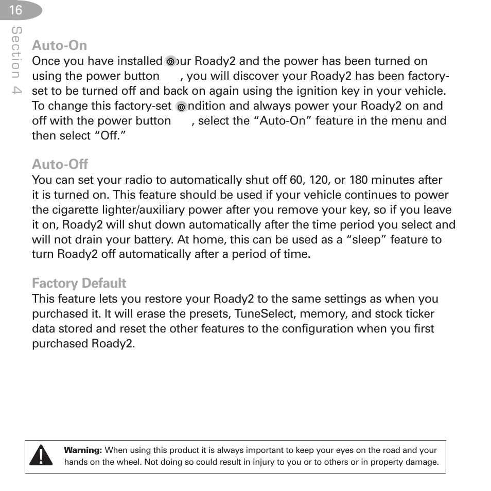Auto-on, Auto-off, Factory default | XM Satellite Radio SA10085 User Manual | Page 16 / 32