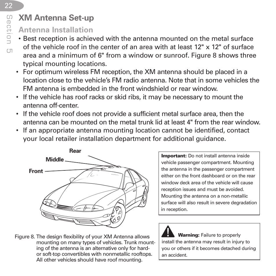 Xm antenna set-up, Antenna installation | XM Satellite Radio SA10085 User Manual | Page 22 / 32