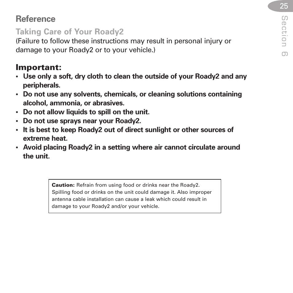 Reference, Taking care of your roady2, Important | XM Satellite Radio SA10085 User Manual | Page 25 / 32
