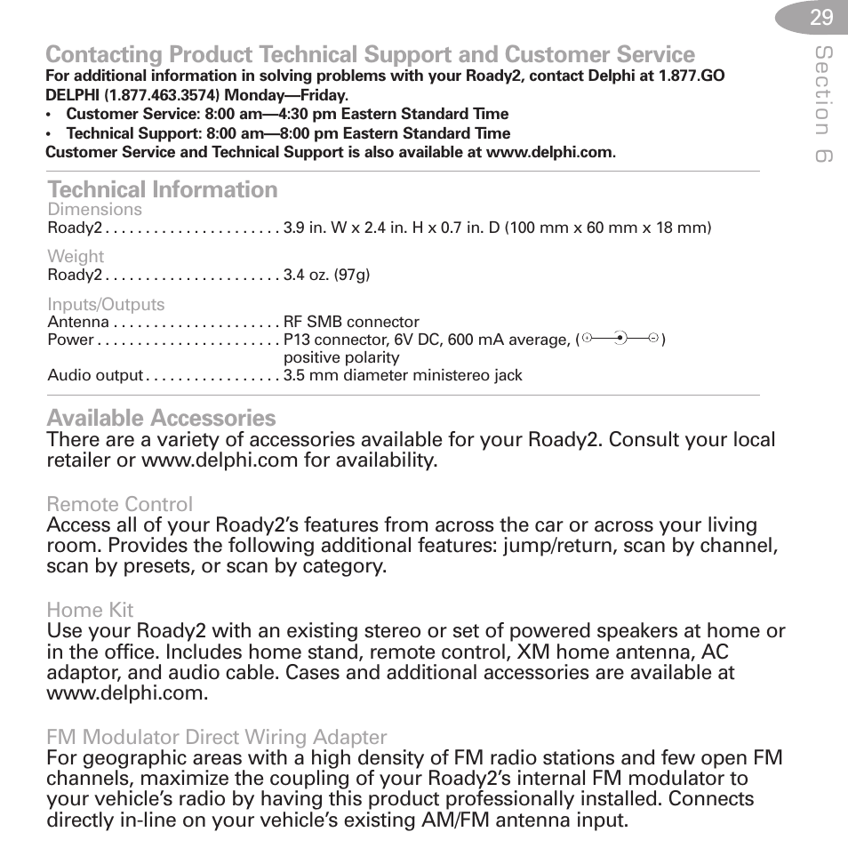Technical information, Available accessories | XM Satellite Radio SA10085 User Manual | Page 29 / 32