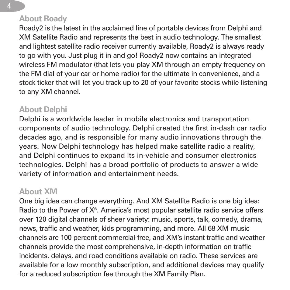 About roady, About delphi, About xm | XM Satellite Radio SA10085 User Manual | Page 4 / 32