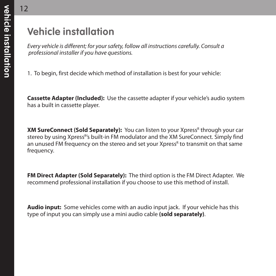 Vehicle installation, Ve h ic le in s ta lla ti o n 12 | XM Satellite Radio XMCK-20P User Manual | Page 12 / 62