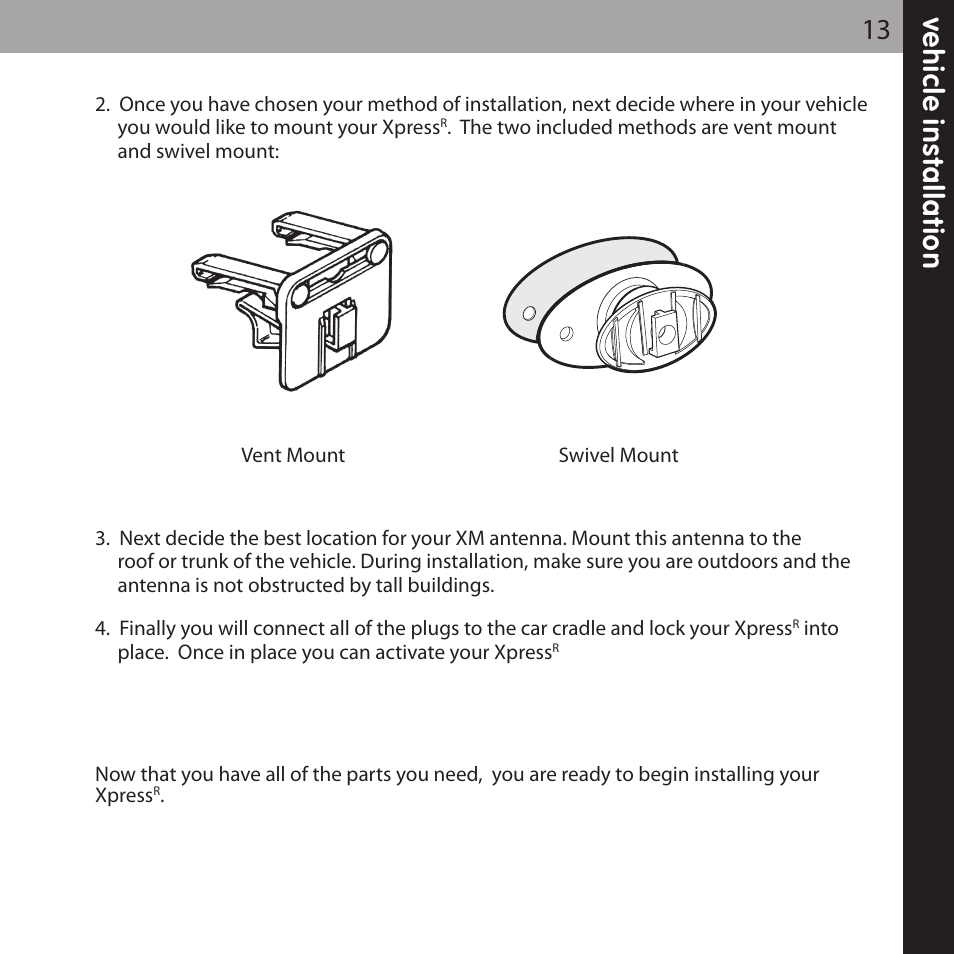 Ve h ic le in s ta lla ti o n 13 | XM Satellite Radio XMCK-20P User Manual | Page 13 / 62