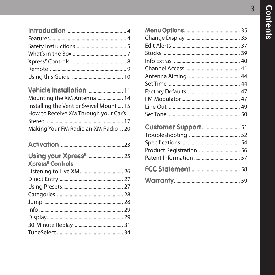 Co n te n ts 3 | XM Satellite Radio XMCK-20P User Manual | Page 3 / 62