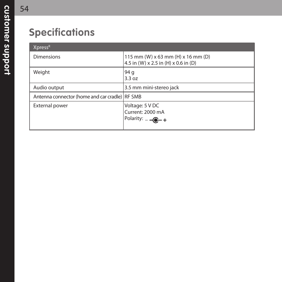 Specifications | XM Satellite Radio XMCK-20P User Manual | Page 54 / 62