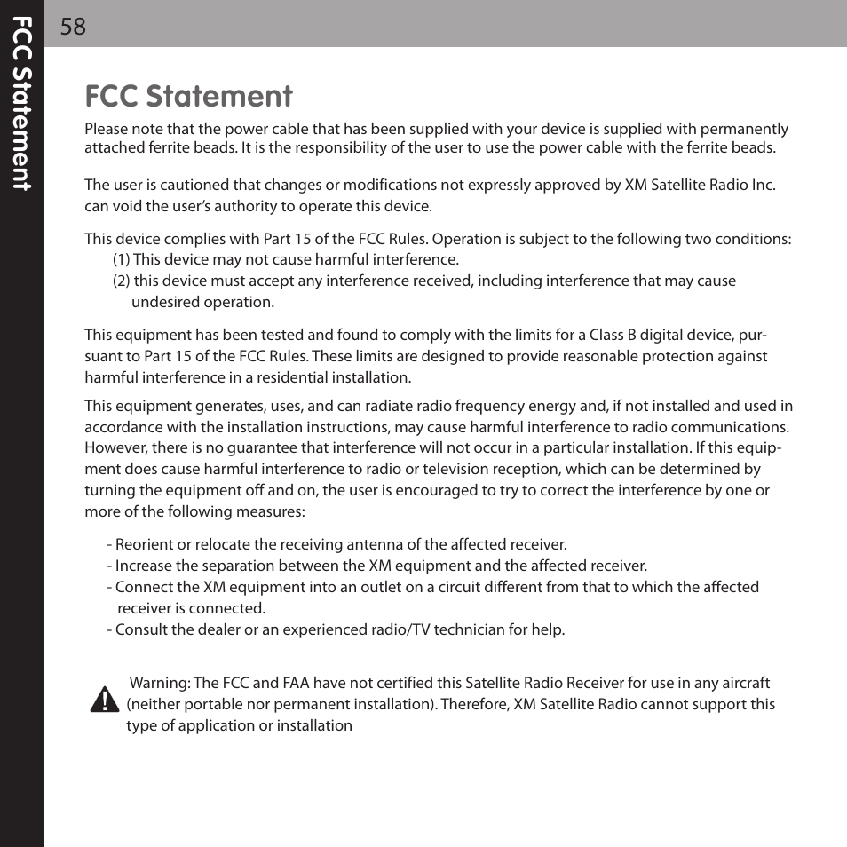 Fcc statement | XM Satellite Radio XMCK-20P User Manual | Page 58 / 62