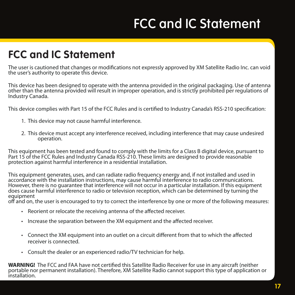 Fcc and ic statement | XM Satellite Radio XMBB1 User Manual | Page 17 / 20