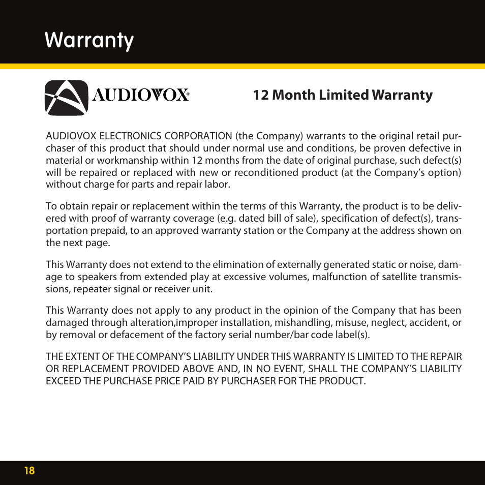 Warranty, 12 month limited warranty | XM Satellite Radio XMBB1 User Manual | Page 18 / 20