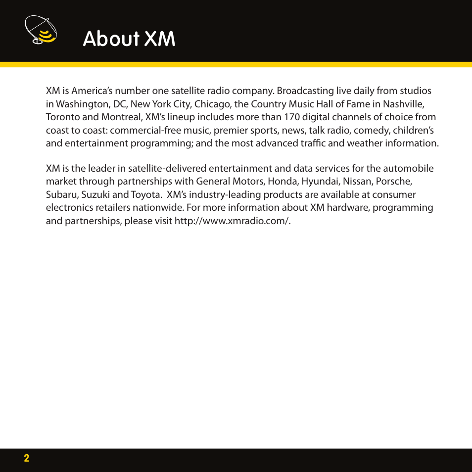 About xm | XM Satellite Radio XMBB1 User Manual | Page 2 / 20
