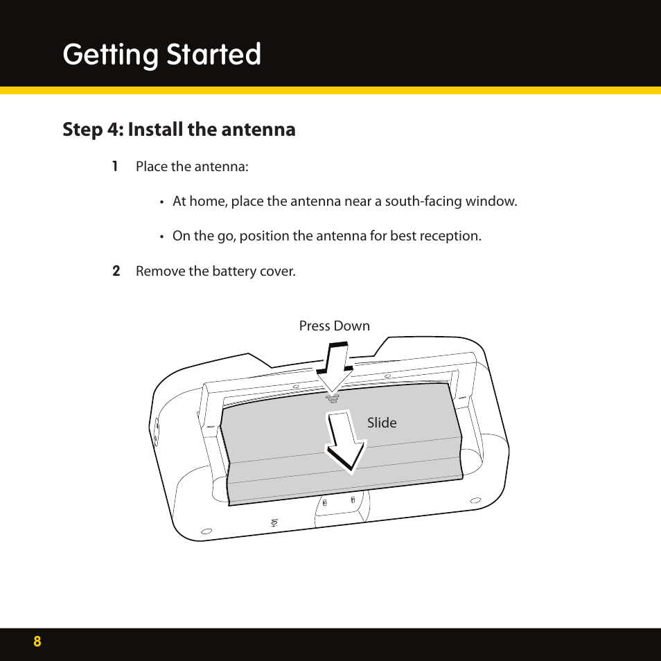Getting started, Step 4: install the antenna | XM Satellite Radio XMBB1 User Manual | Page 8 / 20