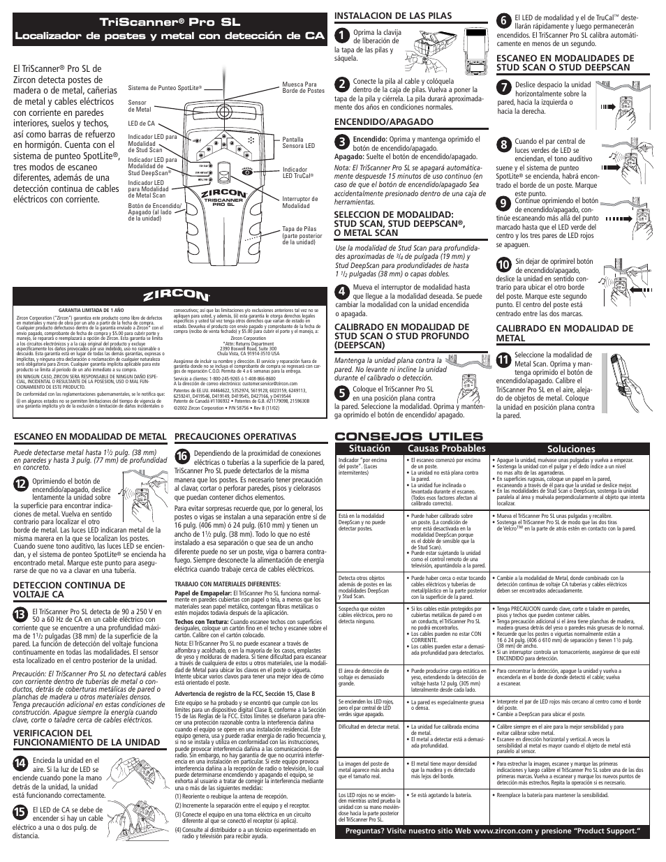 Consejos utiles, Triscanner, Pro sl | El triscanner, Causas probables soluciones situación, Localizador de postes y metal con detección de ca | Zircon Pro SL User Manual | Page 2 / 2