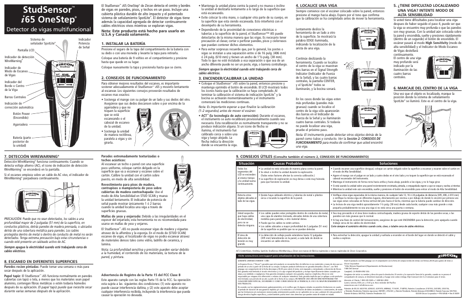 Studsensor, 65 onestep, Detector de vigas multifuncional | Consejos útiles, Detección wirewarning, Marcaje del centro de la viga, Localice una viga, Instalar la batería, Consejos de funcionamiento, Encender/calibrar la unidad | Zircon ONESTEP I65 User Manual | Page 2 / 3