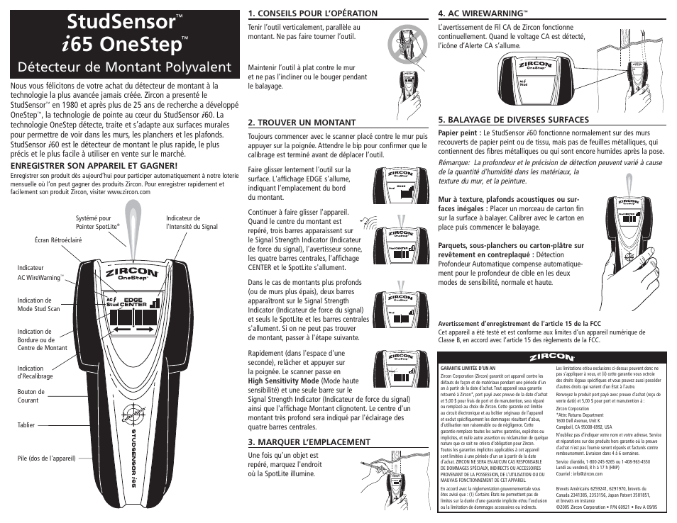 Studsensor, 65 onestep, Détecteur de montant polyvalent | Zircon ONESTEP I65 User Manual | Page 3 / 3