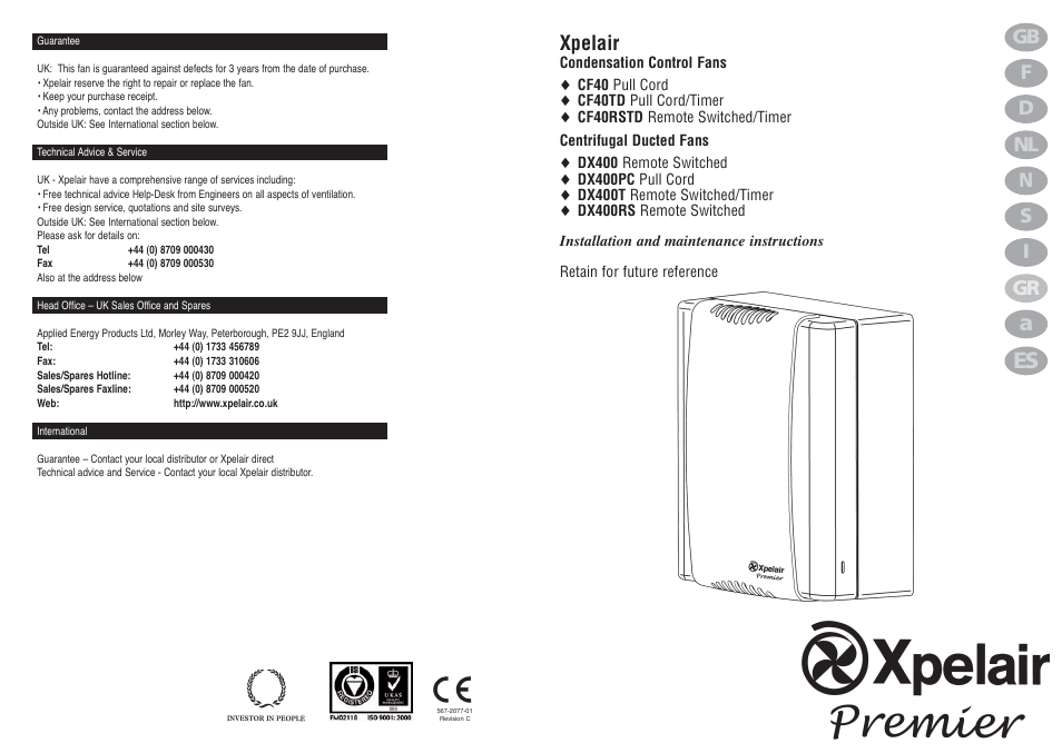 Xpelair CF40 User Manual | 14 pages