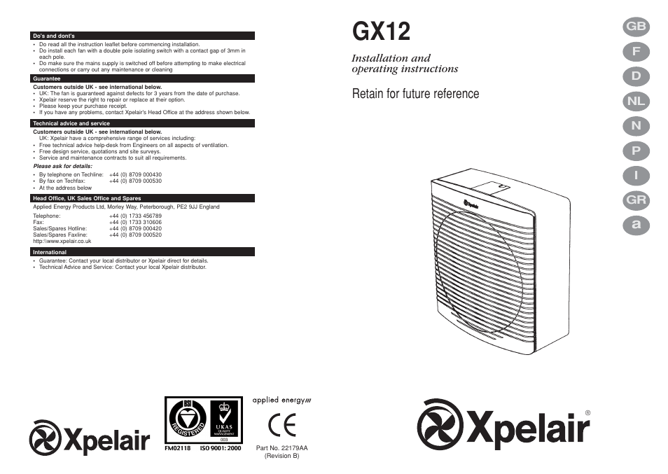 Xpelair GX12 User Manual | 12 pages