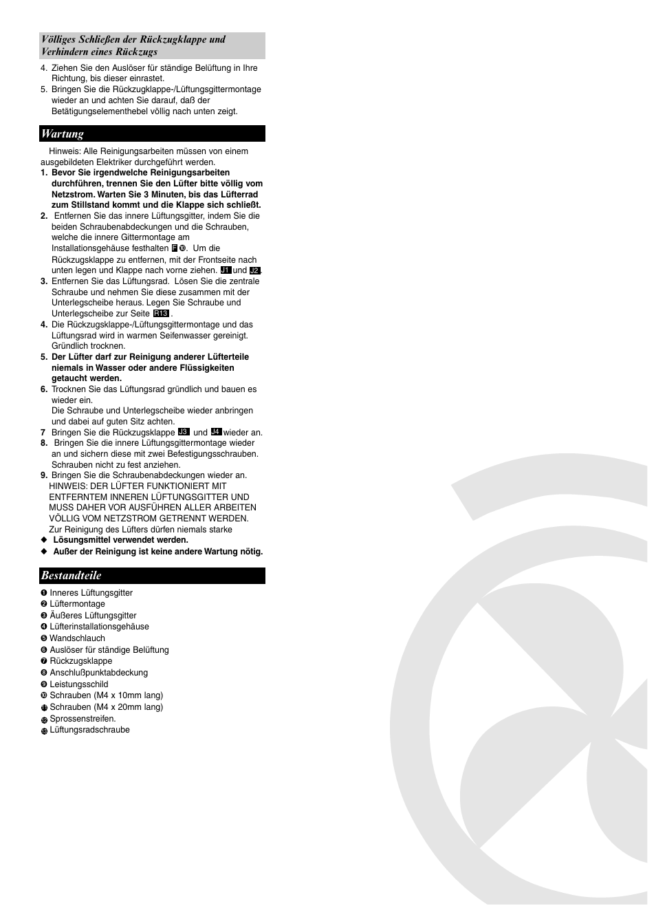 Wartung, Bestandteile | Xpelair WX6 User Manual | Page 11 / 28