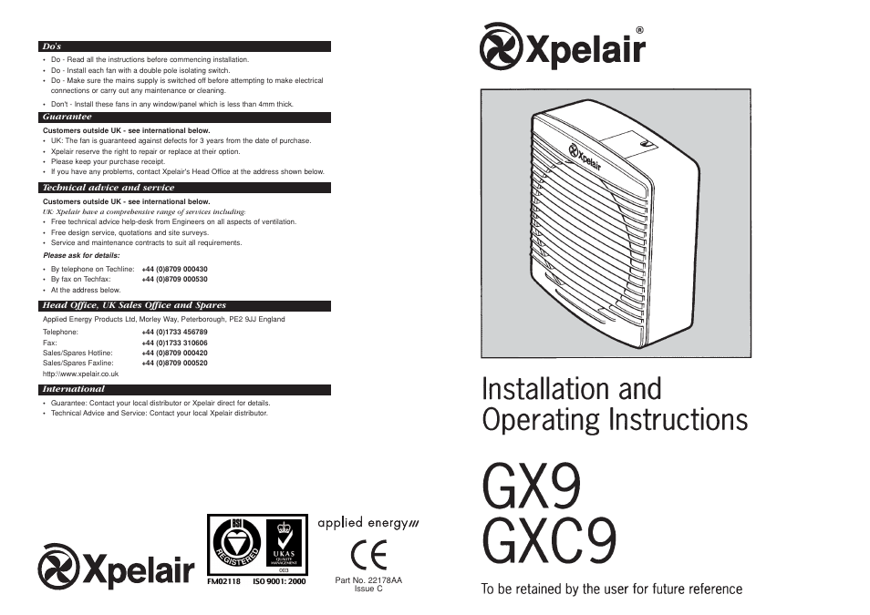 Xpelair GX9 User Manual | 12 pages