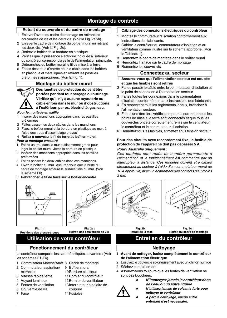 Montage du contrôle, Montage du boîtier mural, Connectez au secteur | Fonctionnement du contrôleur nettoyage | Xpelair FR22-30 User Manual | Page 13 / 20