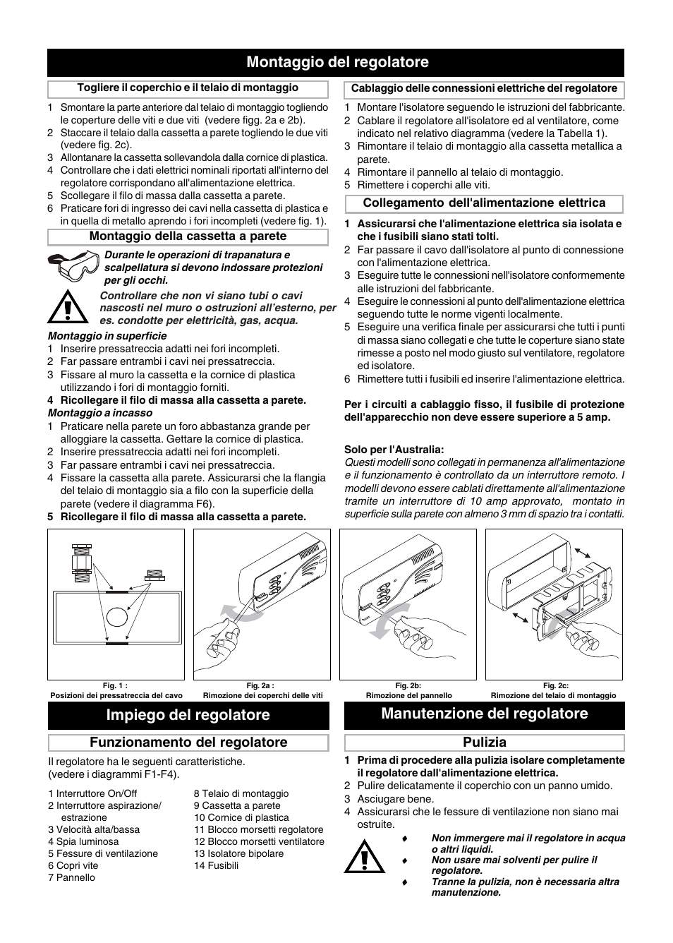 Montaggio del regolatore, Manutenzione del regolatore, Impiego del regolatore | Pulizia, Funzionamento del regolatore | Xpelair FR22-30 User Manual | Page 15 / 20