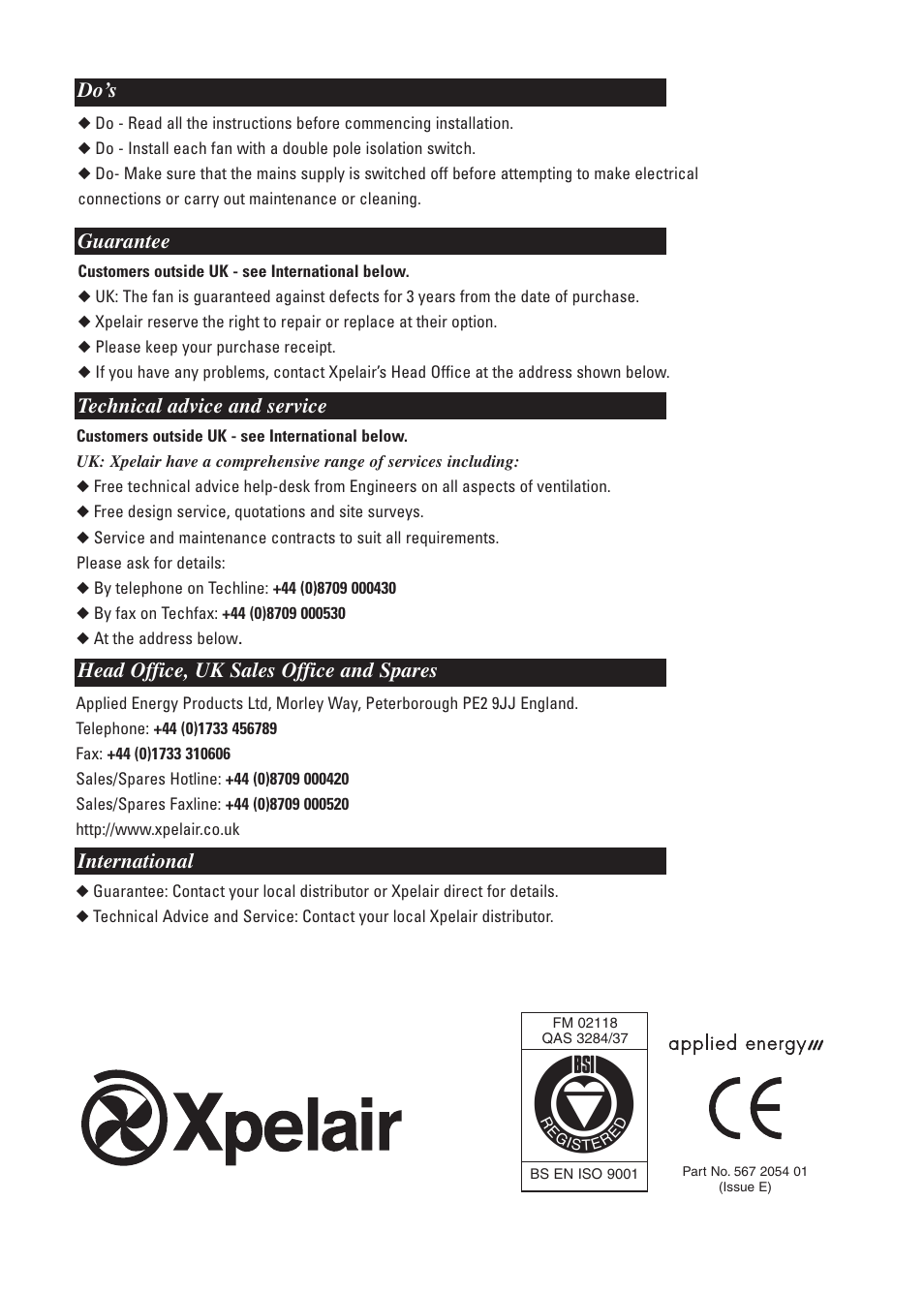 Do’s, Guarantee, Technical advice and service | Head office, uk sales office and spares, International | Xpelair FR22-30 User Manual | Page 20 / 20