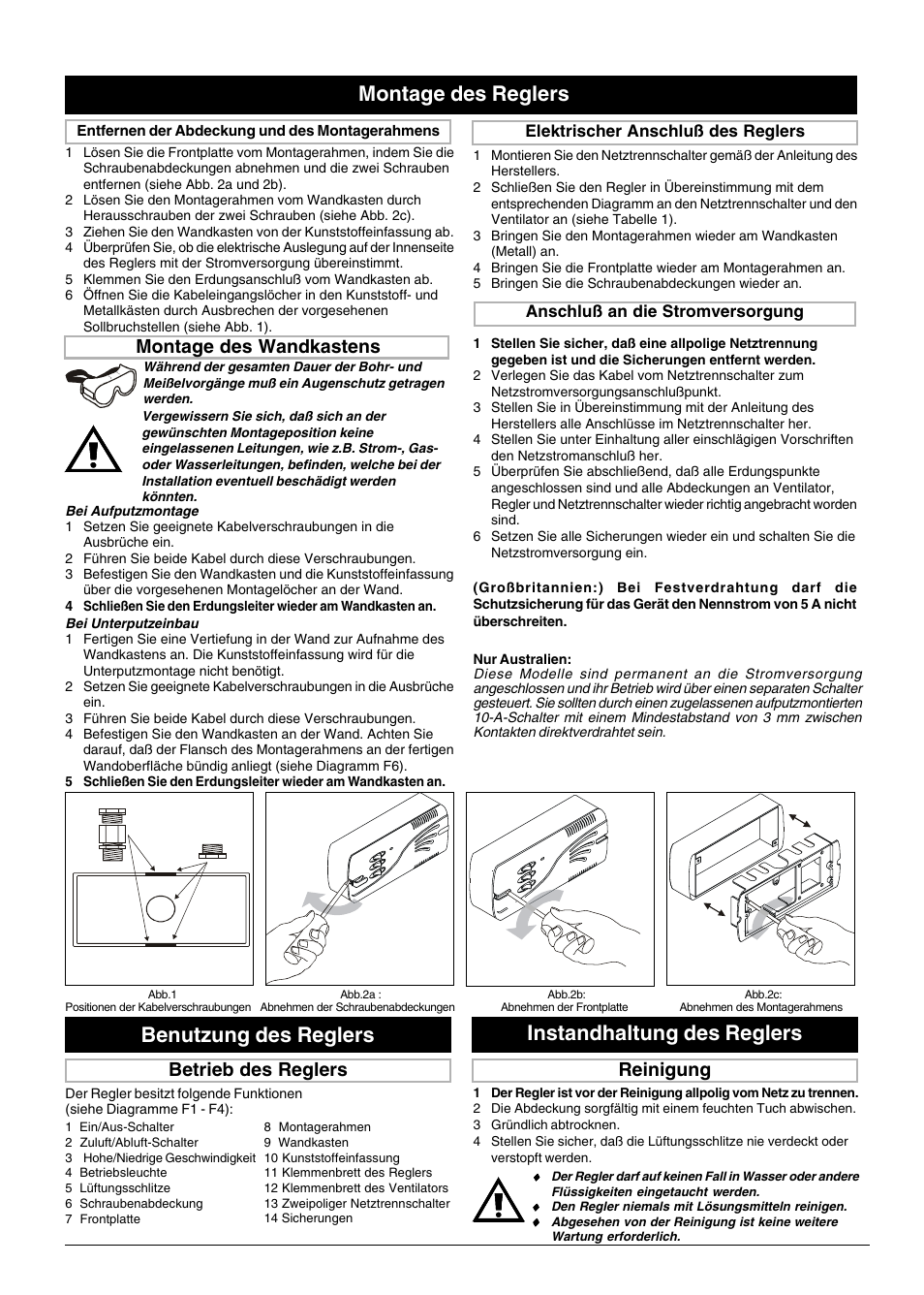 Montage des reglers, Instandhaltung des reglers, Benutzung des reglers | Montage des wandkastens, Reinigung, Betrieb des reglers | Xpelair FR22-30 User Manual | Page 9 / 20