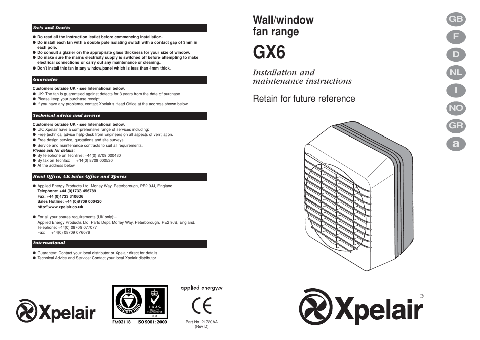 Xpelair GX6 User Manual | 20 pages