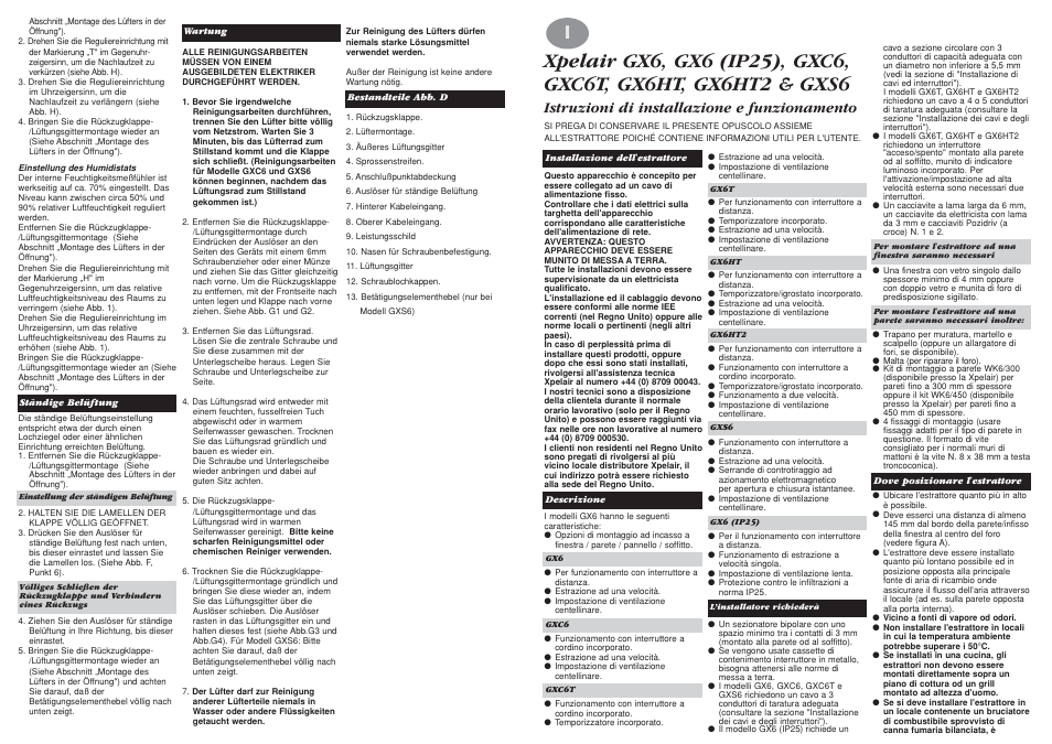 Istruzioni di installazione e funzionamento | Xpelair GX6 User Manual | Page 18 / 20