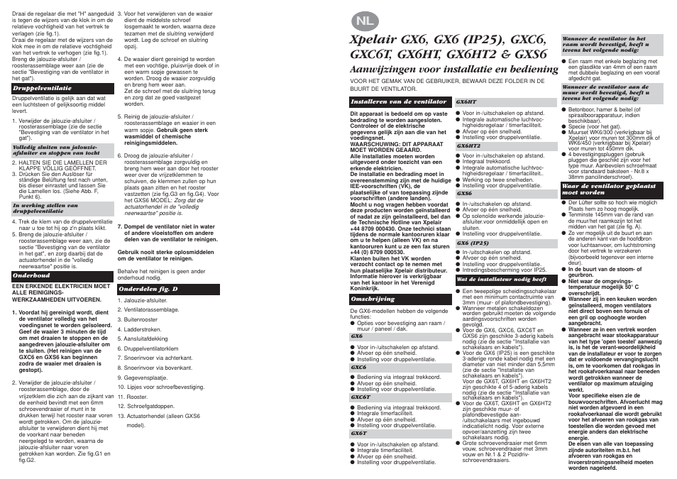 Aanwijzingen voor installatie en bediening | Xpelair GX6 User Manual | Page 19 / 20
