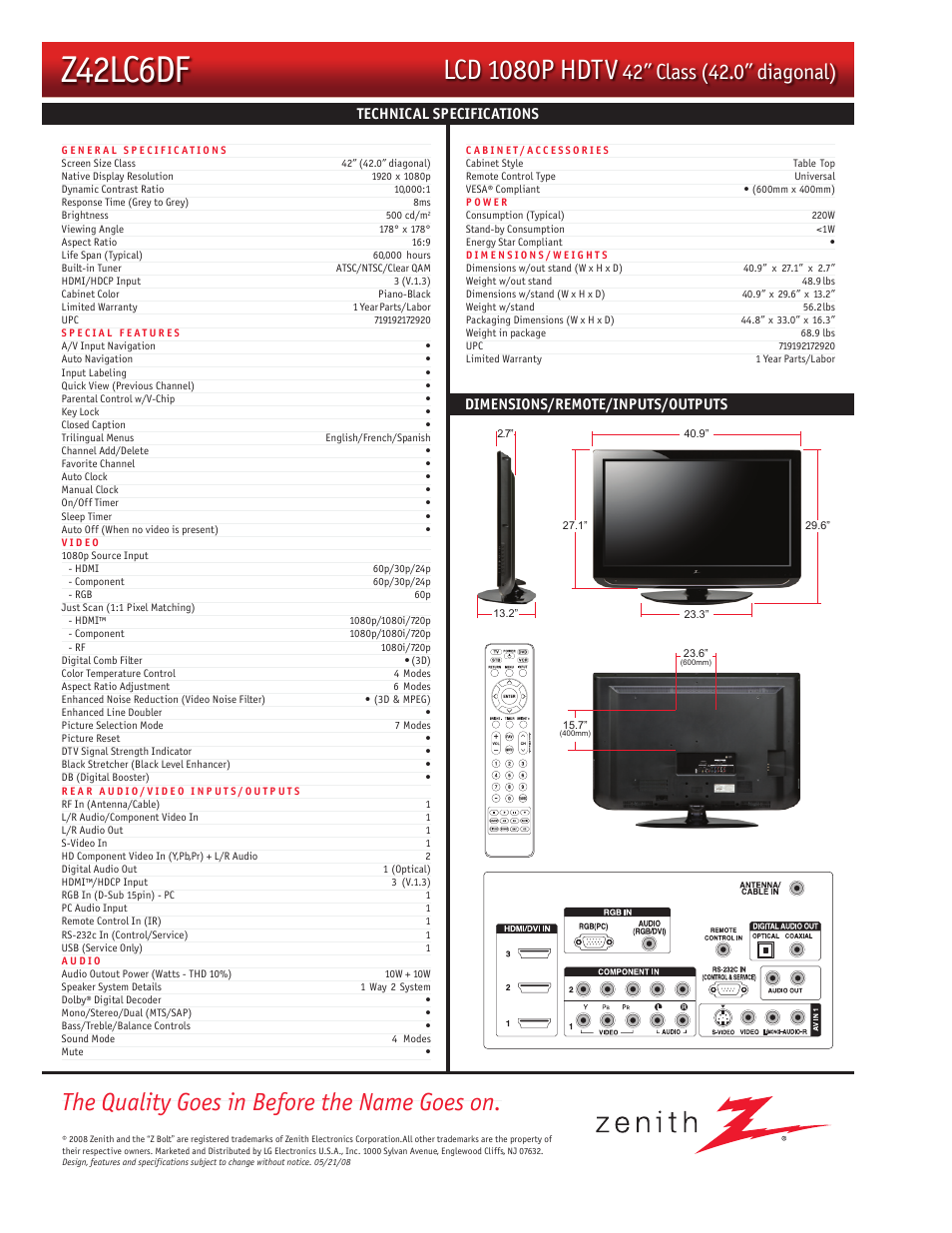 Z42lc6df, Lcd 1080p hdtv, The quality goes in before the name goes on | Zenith Z42LC6DF User Manual | Page 2 / 2