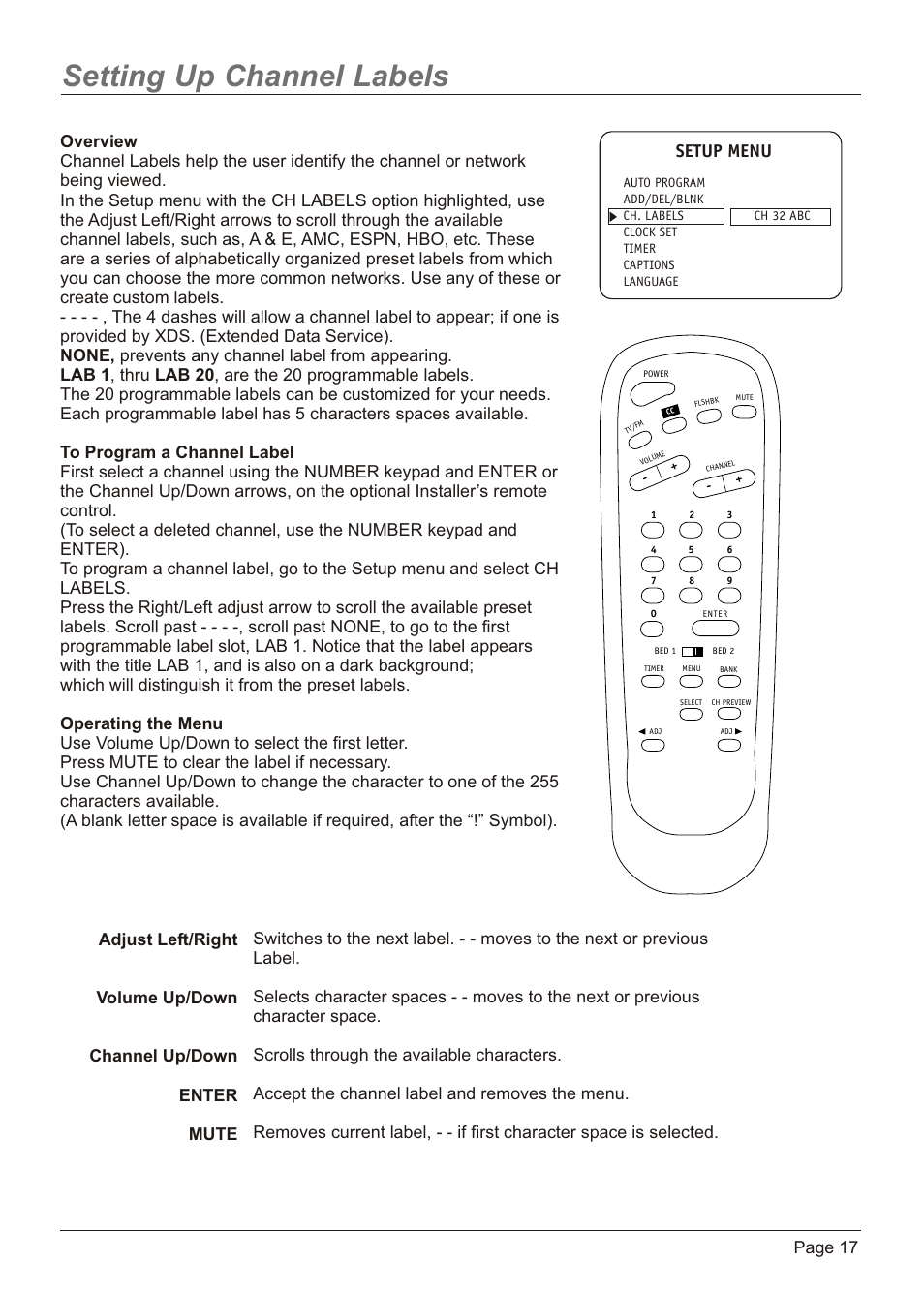 Setting up channel labels, Setup menu | Zenith H20H52DT User Manual | Page 17 / 52