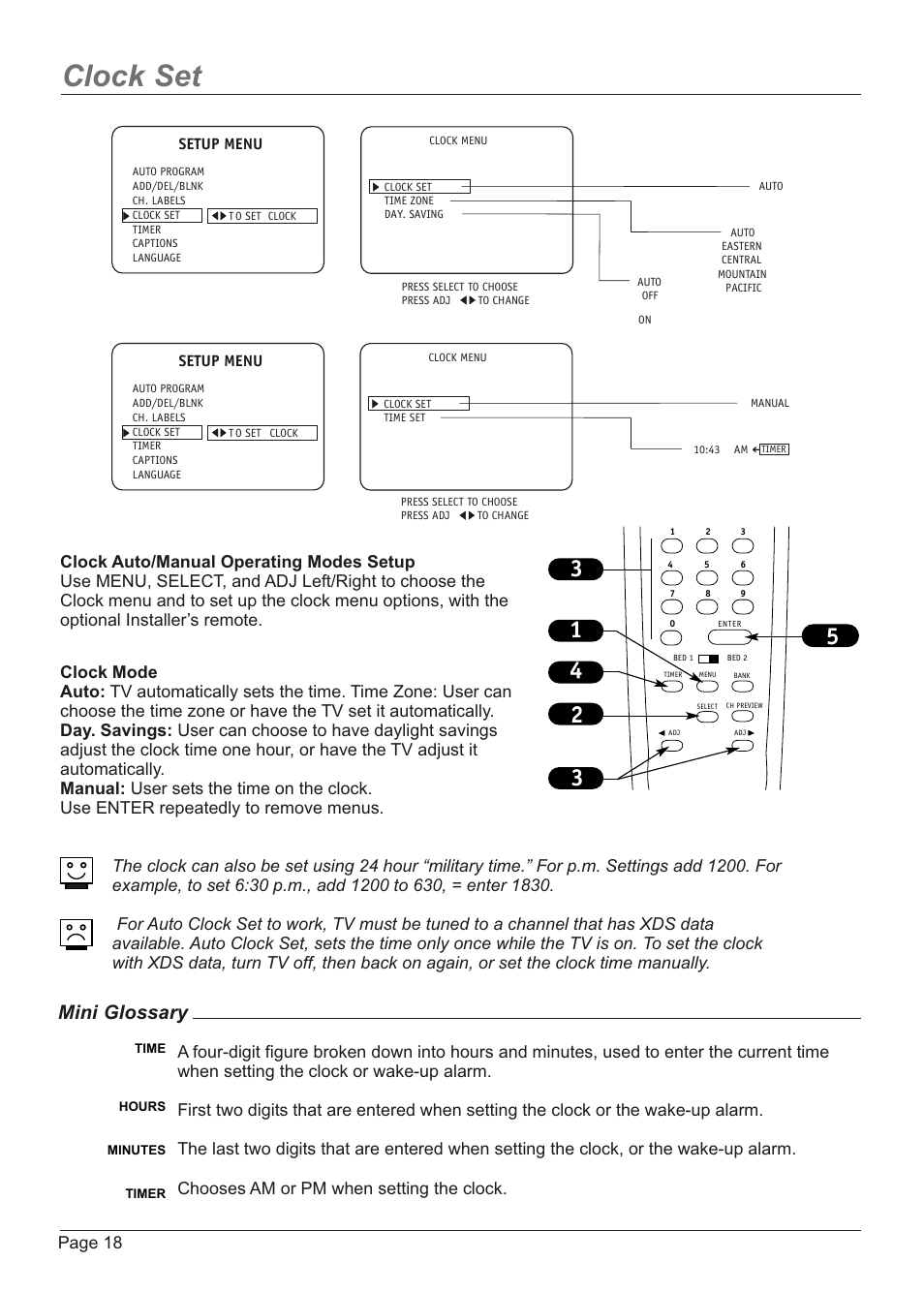Clock set, Mini glossary | Zenith H20H52DT User Manual | Page 18 / 52