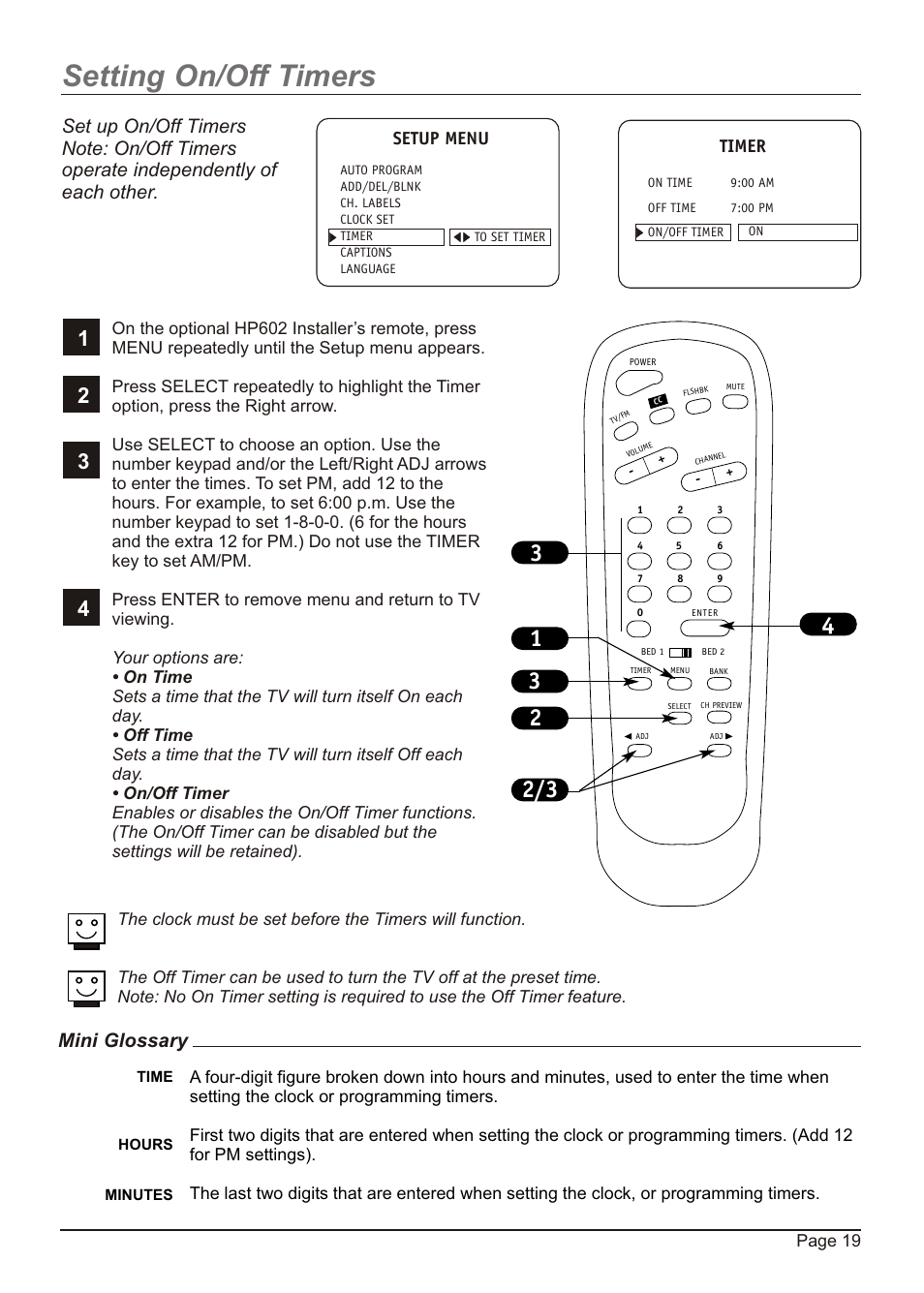 Setting on/off timers, Mini glossary, Setup menu | Timer | Zenith H20H52DT User Manual | Page 19 / 52