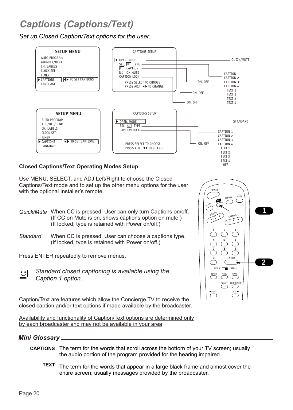Captions (captions/text), Set up closed caption/text options for the user, Mini glossary | Page 20, Setup menu, Captions text | Zenith H20H52DT User Manual | Page 20 / 52