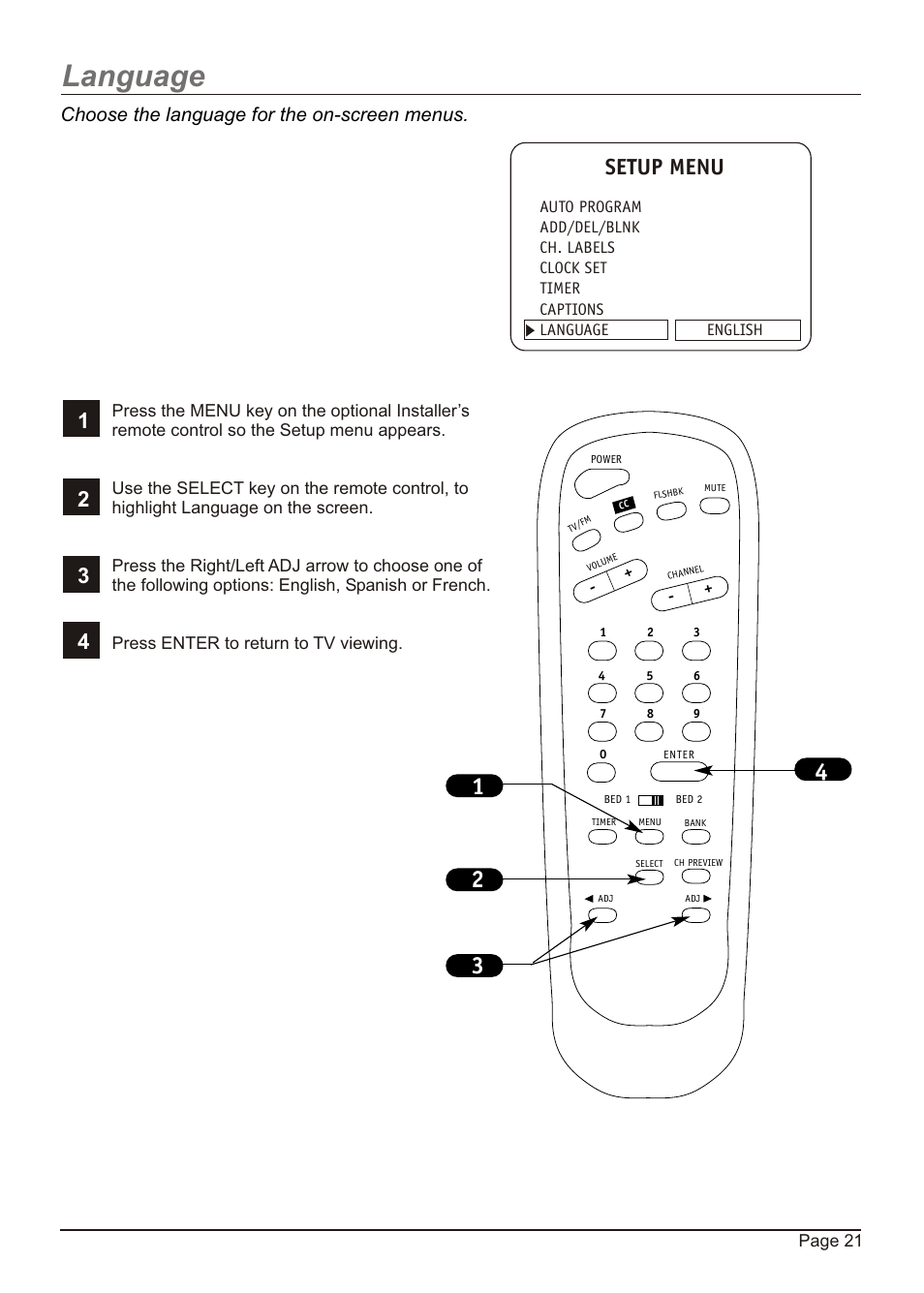 Language, Setup menu, Choose the language for the on-screen menus | Zenith H20H52DT User Manual | Page 21 / 52
