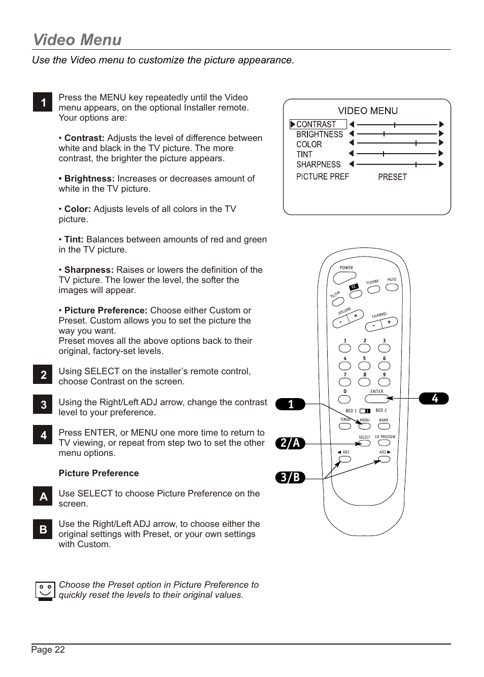 Video menu, 2/a 1 4 3/b, 12 3 4 a b | Zenith H20H52DT User Manual | Page 22 / 52
