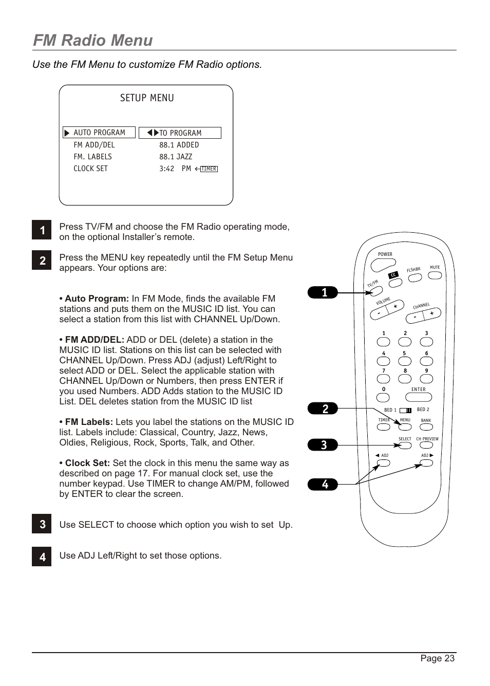 Fm radio menu, Use the fm menu to customize fm radio options, Setup menu | Zenith H20H52DT User Manual | Page 23 / 52