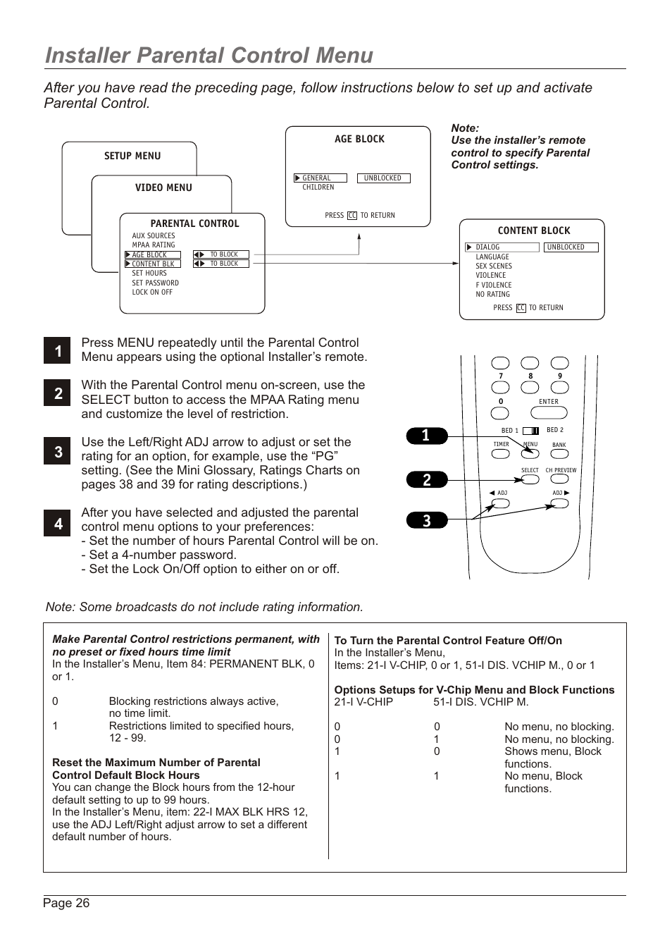 Installer parental control menu | Zenith H20H52DT User Manual | Page 26 / 52