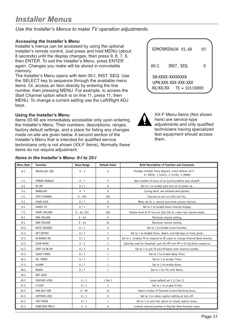 Installer menus, Page 31 | Zenith H20H52DT User Manual | Page 31 / 52