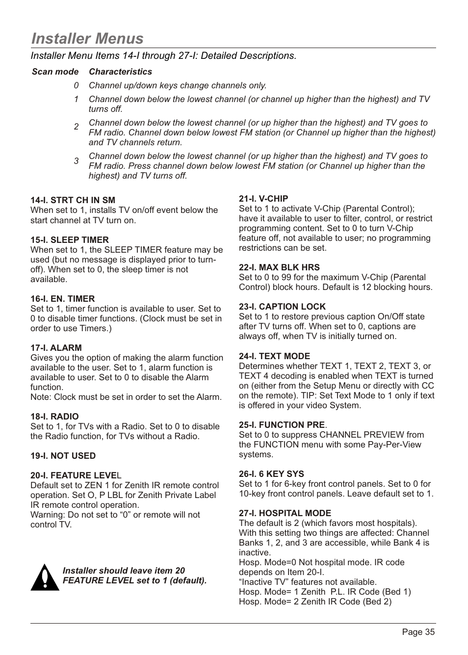 Installer menus | Zenith H20H52DT User Manual | Page 35 / 52